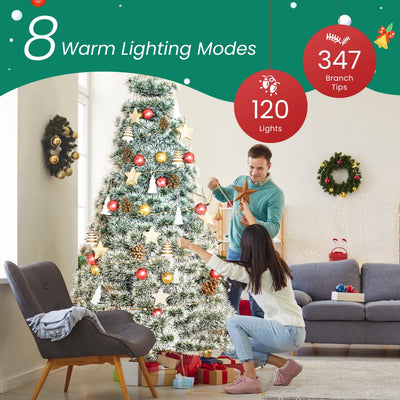 Pre-lit Artificial Christmas Tree, Prelighted Green Artificial Hinged Spruce Xmas Tree With 347 Branch Tips, 120 Incandescent Lights Backdrop Bliss