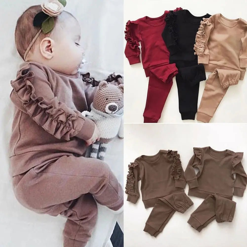 Newborn Baby Boys Girls Ruffles Jumper Solid Long Sleeve Sweatshirt Tops Pants Infant Kids 2Pcs Outfits Clothes Set Fall Clothes - Backdrop BlissNewborn Baby Boys Girls Ruffles Jumper Solid Long Sleeve Sweatshirt Tops Pants Infant Kids 2Pcs Outfits Clothes Set Fall Clothes