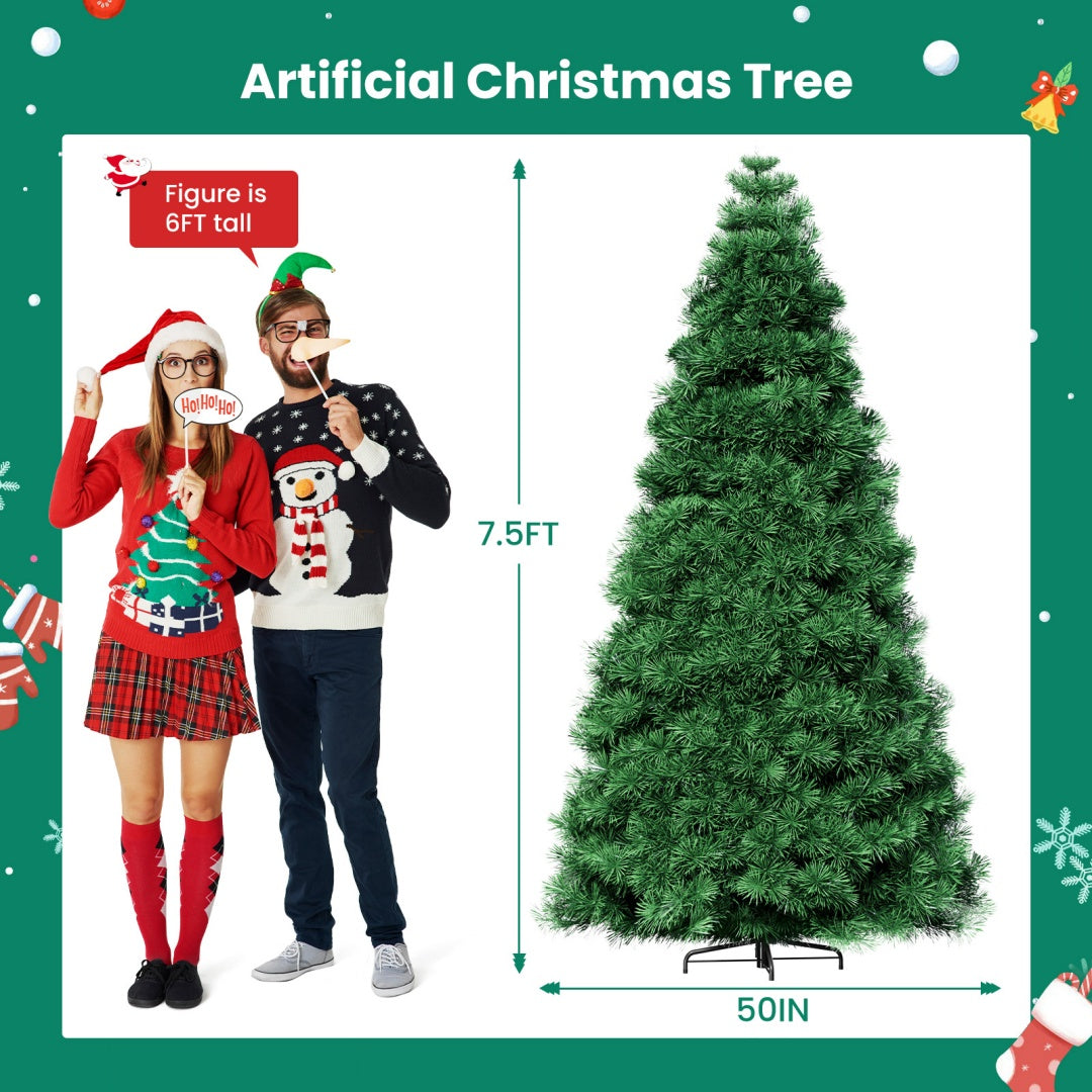 Pre-lit Artificial Christmas Tree, Prelighted Green Artificial Hinged Spruce Xmas Tree With 347 Branch Tips, 120 Incandescent Lights Backdrop Bliss