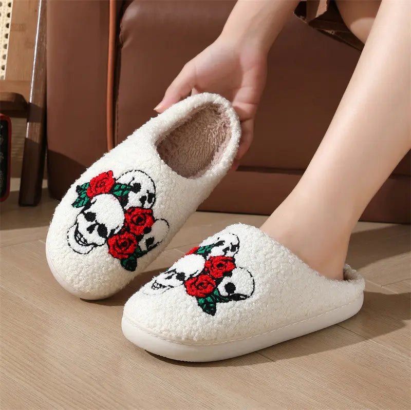 Halloween Skull Rose Slippers Winter Warm Indoor Floor Bedroom Home Slipper For Women Backdrop Bliss