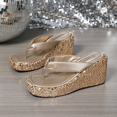 High Heels Wedge Sandals With Sequins Shiny Height Increasing Platform Flip Flops Women's Thick Bottom Shoes Beach Summer - Backdrop Bliss