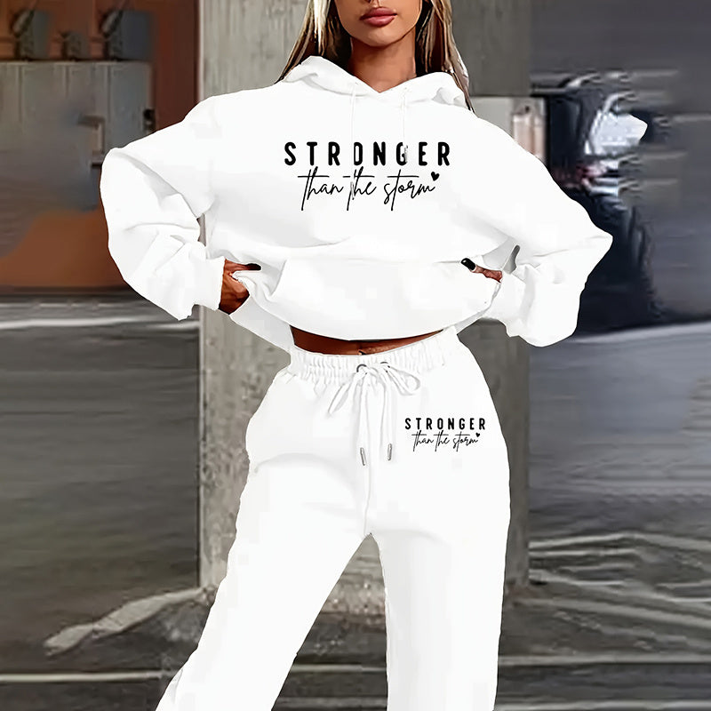 Women's Solid 2-Piece Set Letter Print Hoodie With Pocket & Drawstring Jogger Pants Casual Tracksuit Backdrop Bliss