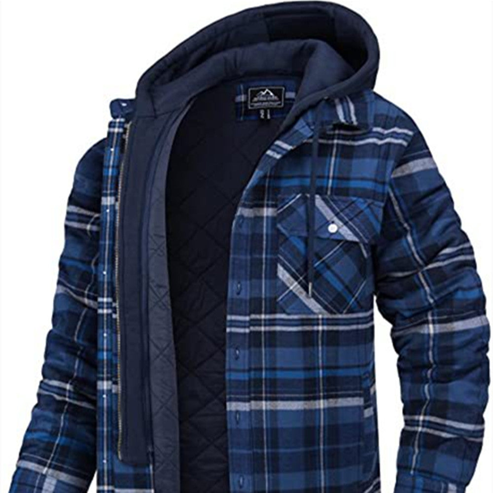 Men's Plaid Hooded Coat Winter Warm Button Zip-up Jacket Fashion Casual Thick Padded Long Sleeves Outerwear Clothing Backdrop Bliss