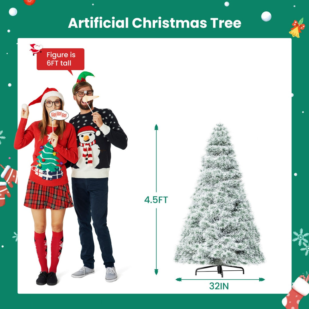 Pre-lit Artificial Christmas Tree, Prelighted Green Artificial Hinged Spruce Xmas Tree With 347 Branch Tips, 120 Incandescent Lights Backdrop Bliss
