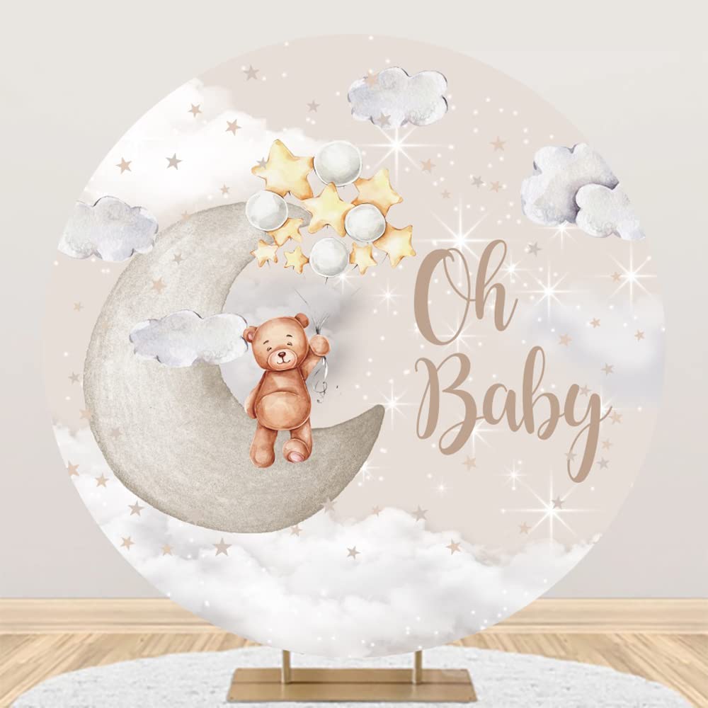 Leyiyi 6.5x6.5ft Oh Baby Bear Round Backdrop Cover Cartoon Lovely Bear Sits on The Moon Golden Stars Glitter Photography Background Bear Baby Shower for Kids Birthday Party Decor Bear Photo Props - Backdrop BlissLeyiyi 6.5x6.5ft Oh Baby Bear Round Backdrop Cover Cartoon Lovely Bear Sits on The Moon Golden Stars Glitter Photography Background Bear Baby Shower for Kids Birthday Party Decor Bear Photo Props