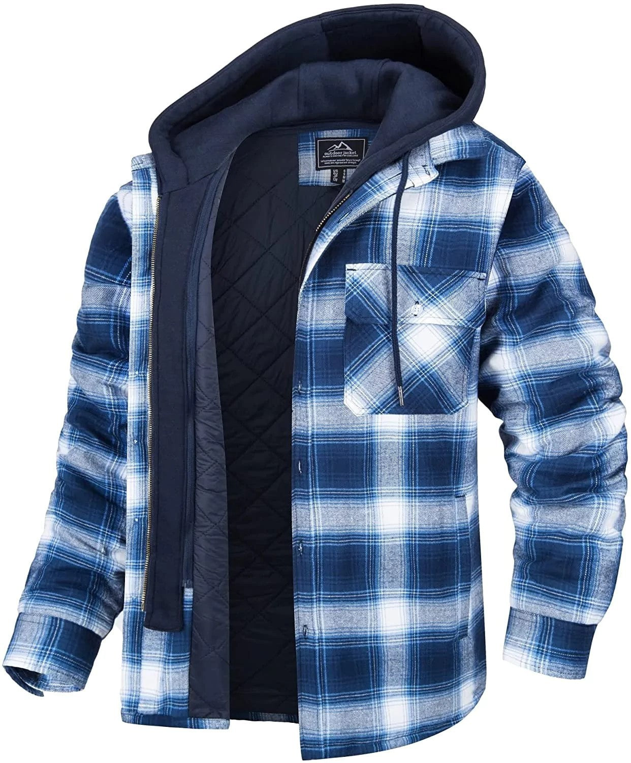 Men's Plaid Hooded Coat Winter Warm Button Zip-up Jacket Fashion Casual Thick Padded Long Sleeves Outerwear Clothing Backdrop Bliss