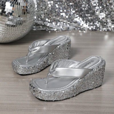 High Heels Wedge Sandals With Sequins Shiny Height Increasing Platform Flip Flops Women's Thick Bottom Shoes Beach Summer - Backdrop Bliss