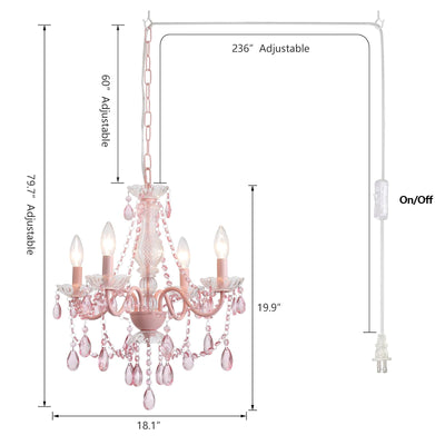 Plug in Crystal Ceramic White Chandelier, Glass Chandeliers,White crystal Hanging Pendant Light with Clear Cord and On/Off, 4 Light Crystal Chandelier for wedding, Kitchen, Dining,Foyer, Mini room Backdrop Bliss