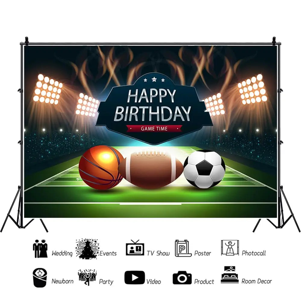 Football Happy Birthday Backdrop Banner Game Time Photography Background Fire Football Basketball Soccer Birthday Banner Decoration 7x5Ft Backdrop Bliss