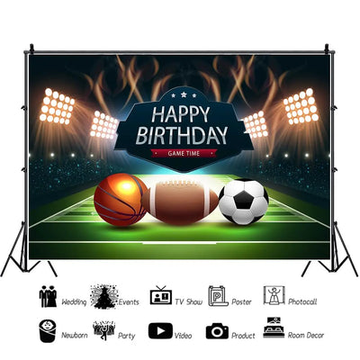 Football Happy Birthday Backdrop Banner Game Time Photography Background Fire Football Basketball Soccer Birthday Banner Decoration 7x5Ft Backdrop Bliss