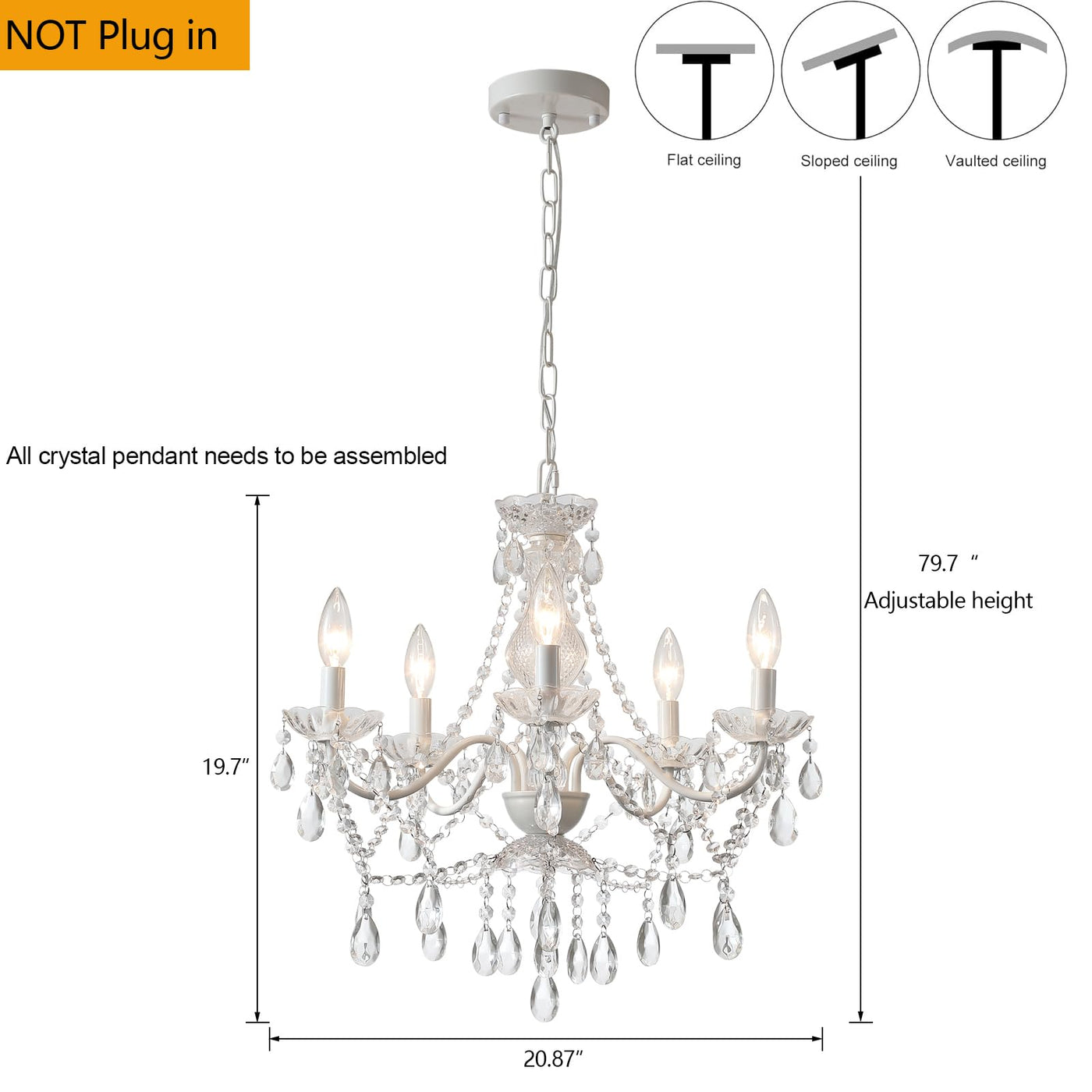 Plug in Crystal Ceramic White Chandelier, Glass Chandeliers,White crystal Hanging Pendant Light with Clear Cord and On/Off, 4 Light Crystal Chandelier for wedding, Kitchen, Dining,Foyer, Mini room Backdrop Bliss