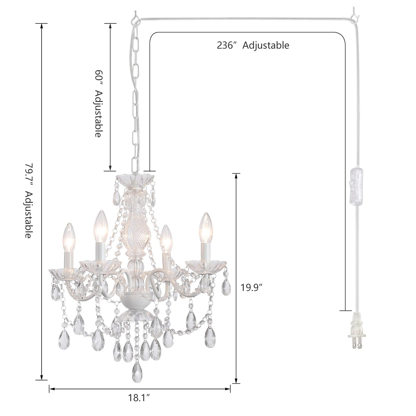 Plug in Crystal Ceramic White Chandelier, Glass Chandeliers,White crystal Hanging Pendant Light with Clear Cord and On/Off, 4 Light Crystal Chandelier for wedding, Kitchen, Dining,Foyer, Mini room Backdrop Bliss