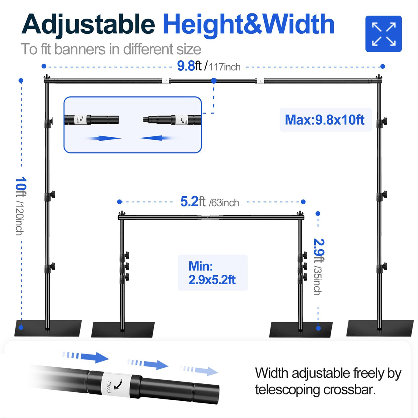 EMART Backdrop Stand, 6.5x10 ft Adjustable Photo Background Pipe and Drape Photography Kit with Heavy Duty Metal Flat Base for Parties, Wedding, Video Studio, Birthday - Black - Backdrop BlissEMART Backdrop Stand, 6.5x10 ft Adjustable Photo Background Pipe and Drape Photography Kit with Heavy Duty Metal Flat Base for Parties, Wedding, Video Studio, Birthday - Black