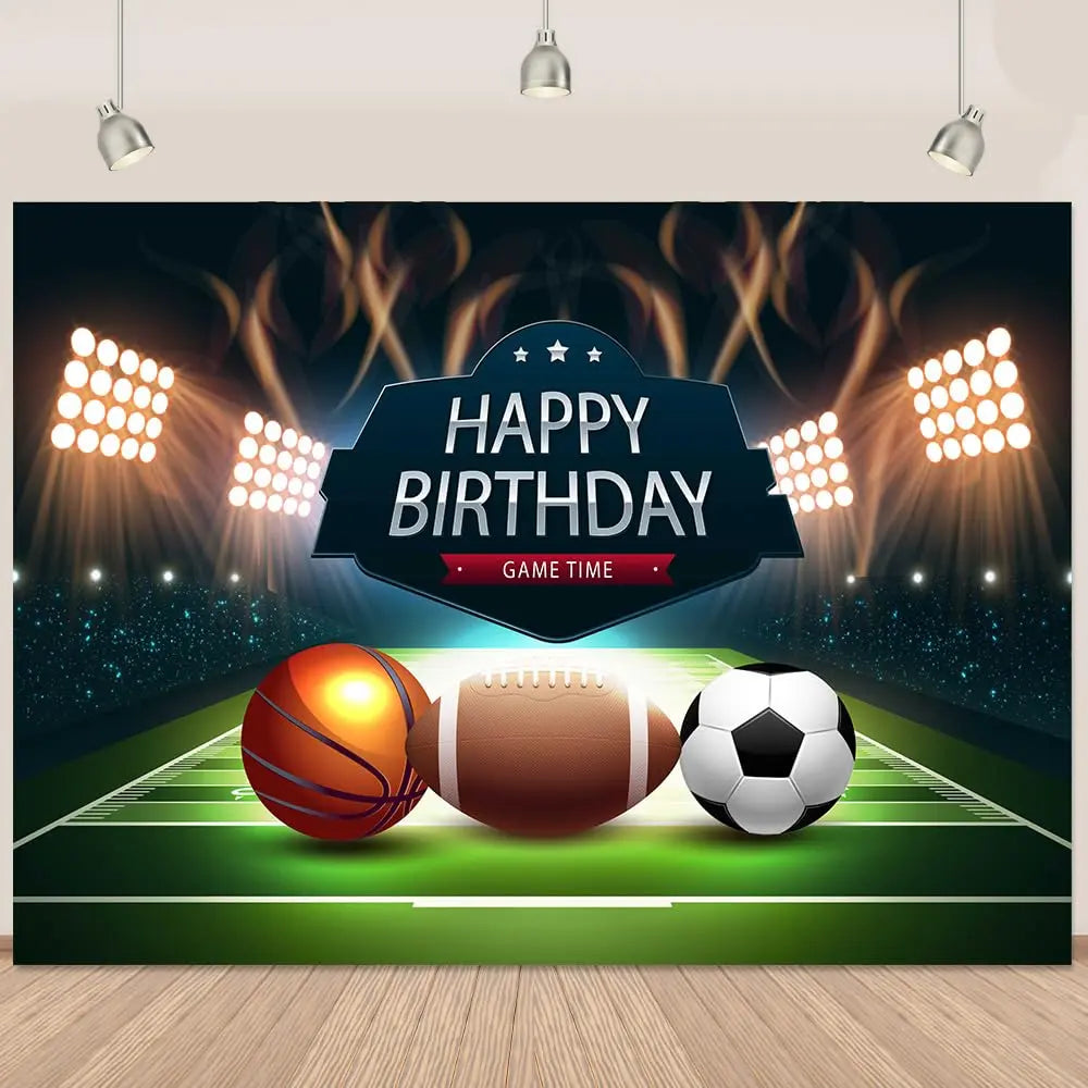 Football Happy Birthday Backdrop Banner Game Time Photography Background Fire Football Basketball Soccer Birthday Banner Decoration 7x5Ft Backdrop Bliss