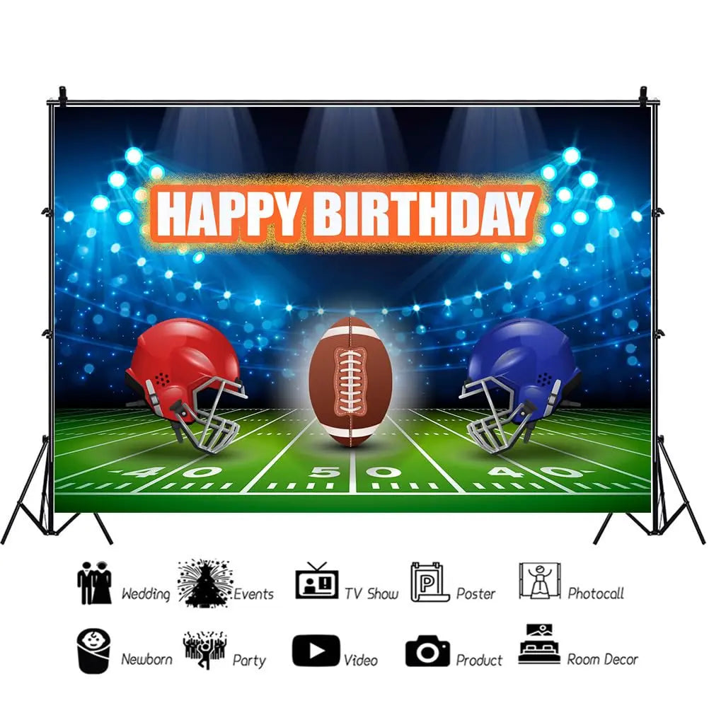 Football Happy Birthday Backdrop Banner Game Time Photography Background Fire Football Basketball Soccer Birthday Banner Decoration 7x5Ft Backdrop Bliss