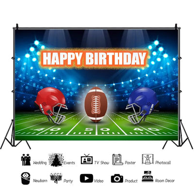 Football Happy Birthday Backdrop Banner Game Time Photography Background Fire Football Basketball Soccer Birthday Banner Decoration 7x5Ft Backdrop Bliss