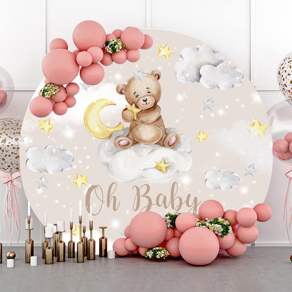 Leyiyi 6.5x6.5ft Oh Baby Bear Round Backdrop Cover Cartoon Lovely Bear Sits on The Moon Golden Stars Glitter Photography Background Bear Baby Shower for Kids Birthday Party Decor Bear Photo Props - Backdrop BlissLeyiyi 6.5x6.5ft Oh Baby Bear Round Backdrop Cover Cartoon Lovely Bear Sits on The Moon Golden Stars Glitter Photography Background Bear Baby Shower for Kids Birthday Party Decor Bear Photo Props
