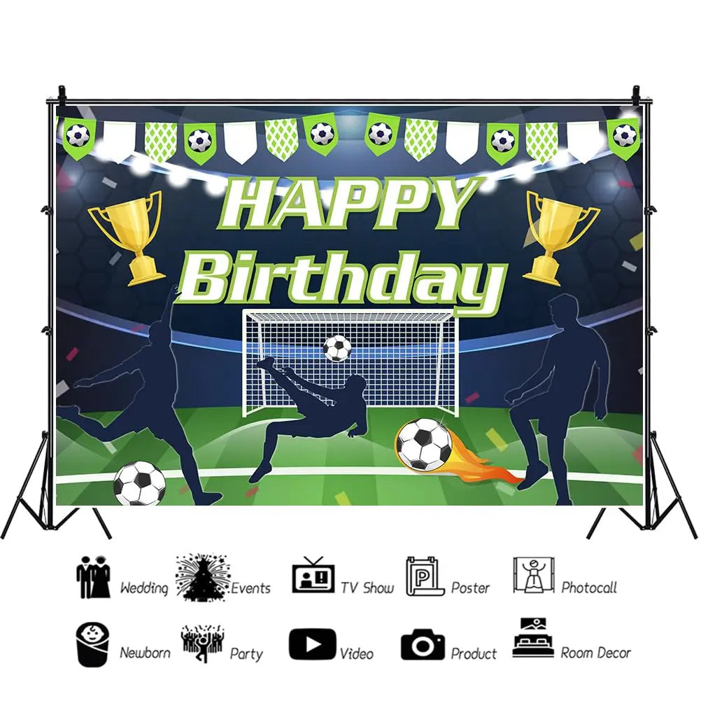 Football Happy Birthday Backdrop Banner Game Time Photography Background Fire Football Basketball Soccer Birthday Banner Decoration 7x5Ft Backdrop Bliss