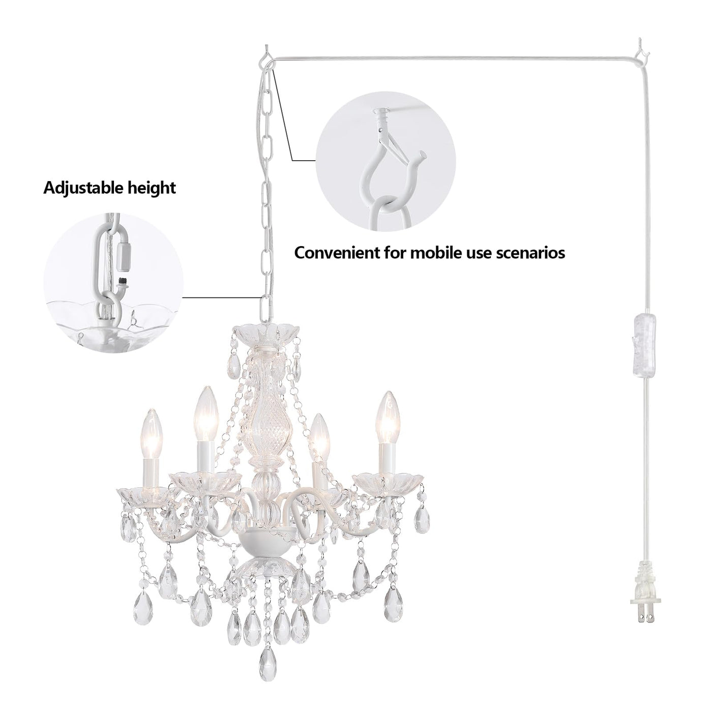 Plug in Crystal Ceramic White Chandelier, Glass Chandeliers,White crystal Hanging Pendant Light with Clear Cord and On/Off, 4 Light Crystal Chandelier for wedding, Kitchen, Dining,Foyer, Mini room Backdrop Bliss