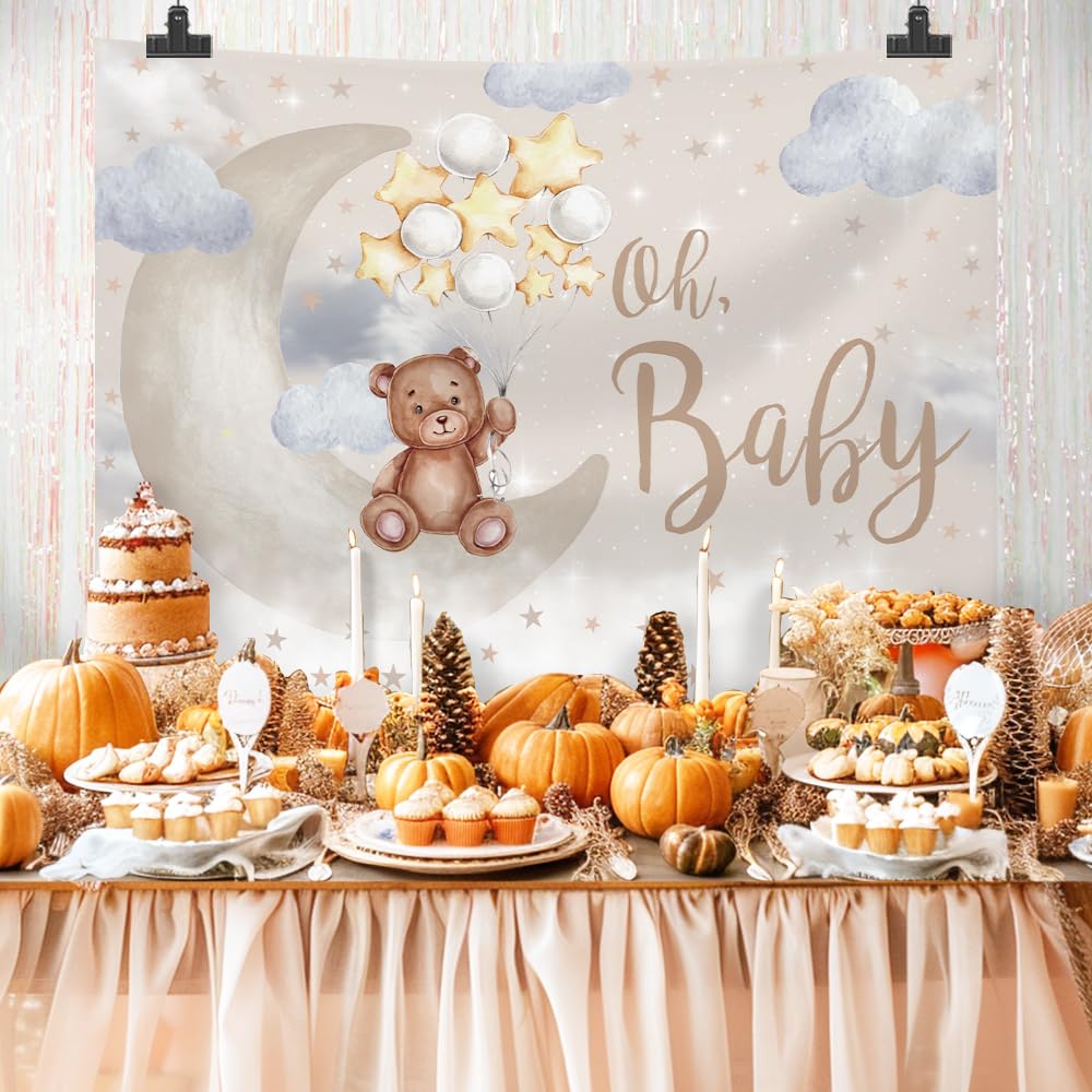 MEHOFOND Oh Baby Bear Backdrop for Baby Shower Gender Neutral Birthday Party Decorations Bear On The Moon Banner Gold Star Balloons White Clouds Photo Booth Props 7x5ft - Backdrop BlissMEHOFOND Oh Baby Bear Backdrop for Baby Shower Gender Neutral Birthday Party Decorations Bear On The Moon Banner Gold Star Balloons White Clouds Photo Booth Props 7x5ft