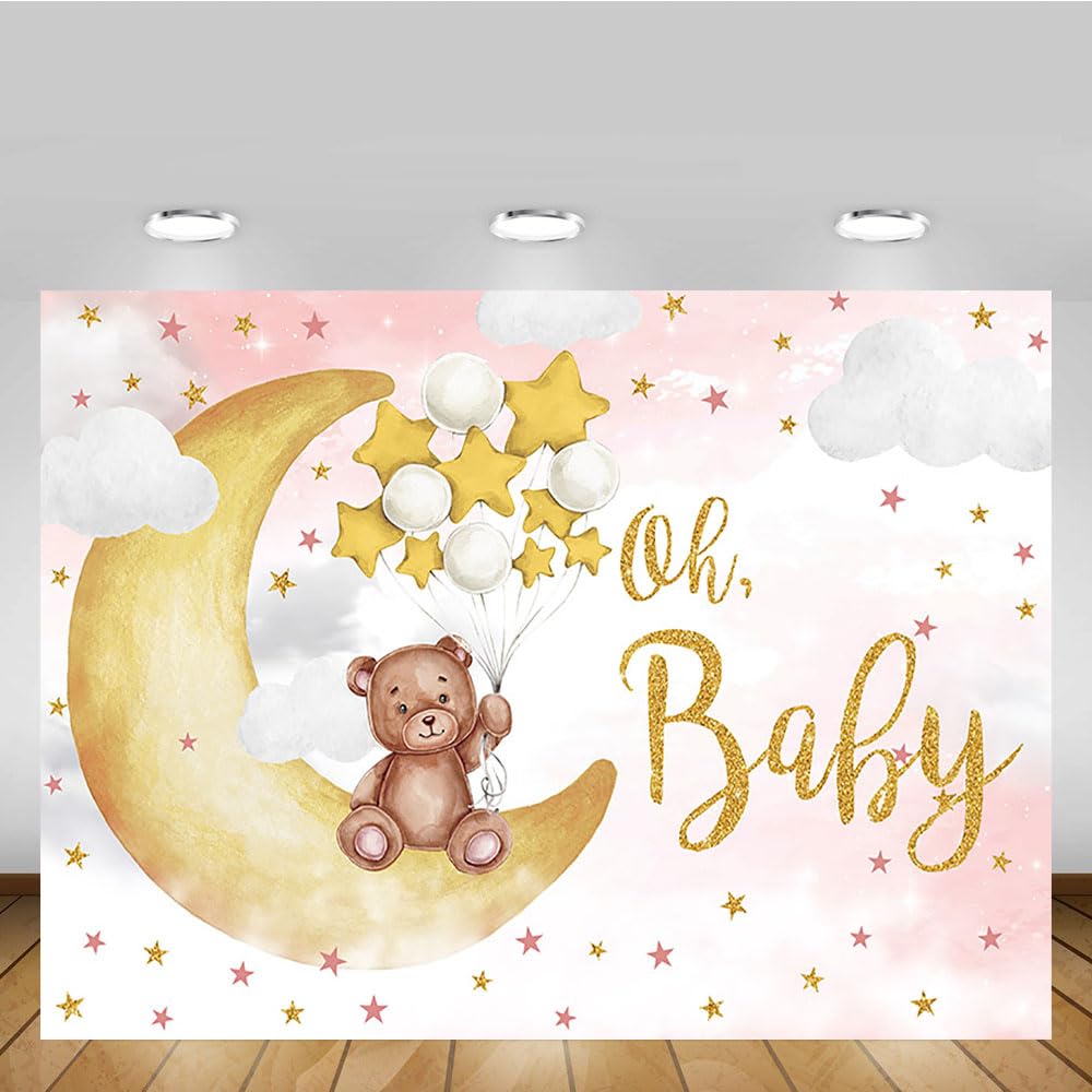 MEHOFOND Oh Baby Bear Backdrop for Baby Shower Gender Neutral Birthday Party Decorations Bear On The Moon Banner Gold Star Balloons White Clouds Photo Booth Props 7x5ft - Backdrop BlissMEHOFOND Oh Baby Bear Backdrop for Baby Shower Gender Neutral Birthday Party Decorations Bear On The Moon Banner Gold Star Balloons White Clouds Photo Booth Props 7x5ft