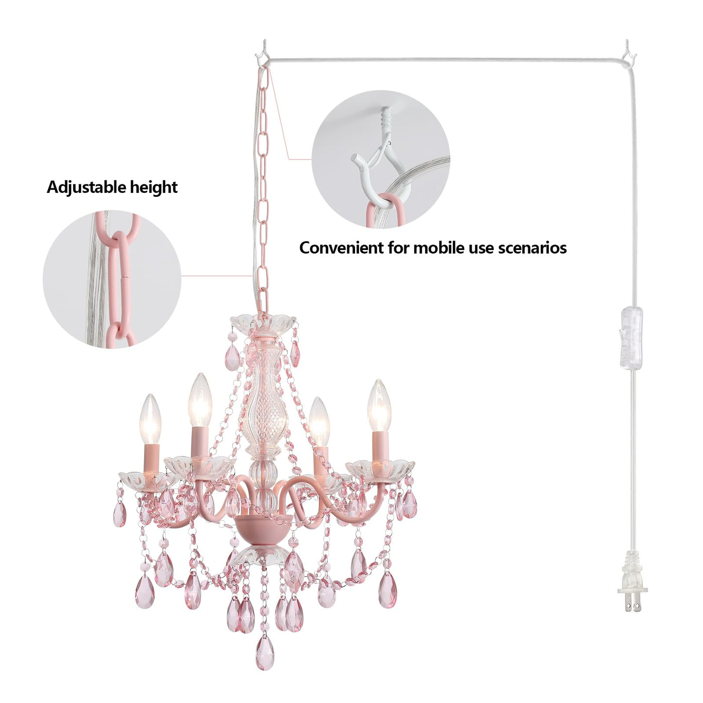 Plug in Crystal Ceramic White Chandelier, Glass Chandeliers,White crystal Hanging Pendant Light with Clear Cord and On/Off, 4 Light Crystal Chandelier for wedding, Kitchen, Dining,Foyer, Mini room Backdrop Bliss