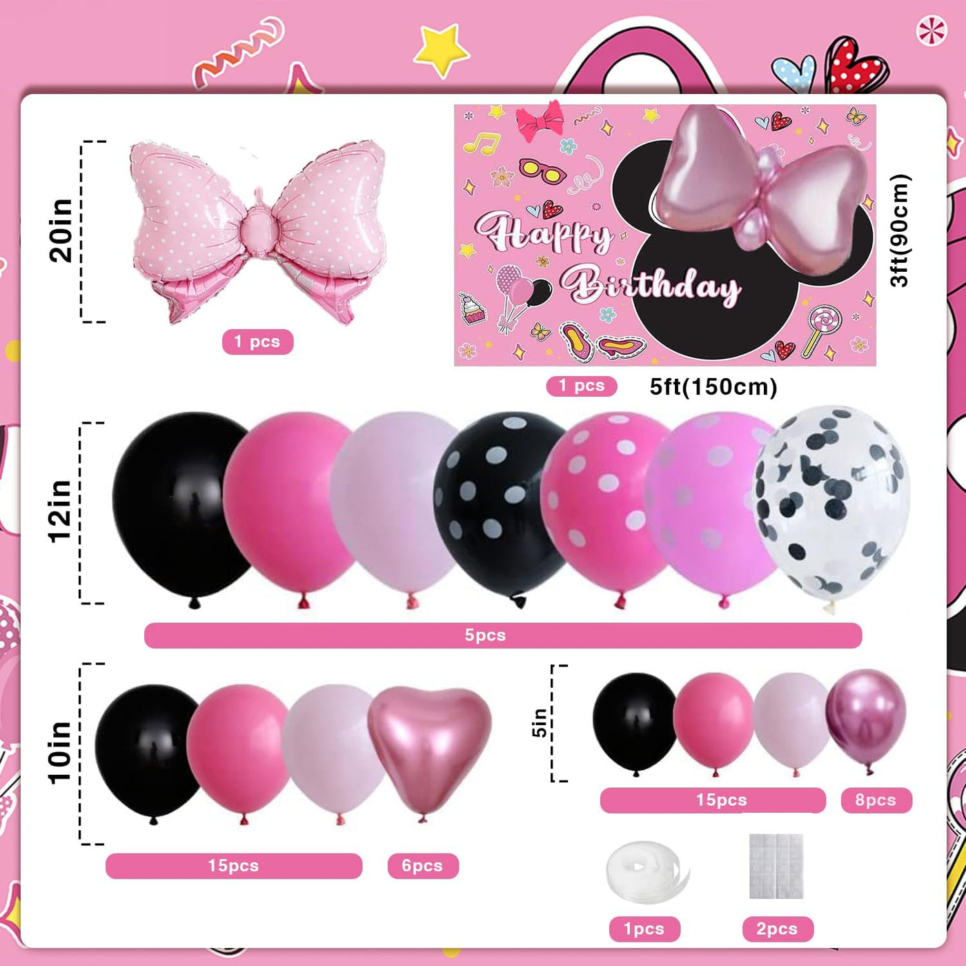 5x3ft Pink Mouse Backdrop Girls Birthday Party Decoration Supplies 130pc Bowknot Balloons Arch Garland Kit Baby Shower Photo Booth Studio Prop - Backdrop Bliss5x3ft Pink Mouse Backdrop Girls Birthday Party Decoration Supplies 130pc Bowknot Balloons Arch Garland Kit Baby Shower Photo Booth Studio Prop