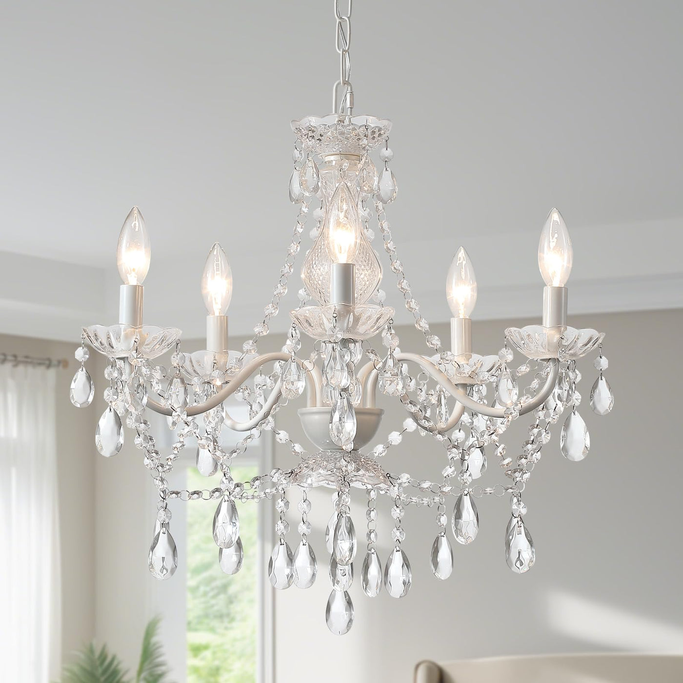 Plug in Crystal Ceramic White Chandelier, Glass Chandeliers,White crystal Hanging Pendant Light with Clear Cord and On/Off, 4 Light Crystal Chandelier for wedding, Kitchen, Dining,Foyer, Mini room Backdrop Bliss