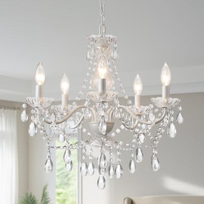 Plug in Crystal Ceramic White Chandelier, Glass Chandeliers,White crystal Hanging Pendant Light with Clear Cord and On/Off, 4 Light Crystal Chandelier for wedding, Kitchen, Dining,Foyer, Mini room Backdrop Bliss