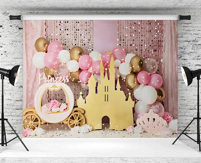 7x5ft Pink Balloons Princess Birthday Backdrop Sweet One Castle Photography Background Girls Happy Birthday Party Cake Table Banner Decorations Supplies Photo Booth Props Backdrop Bliss