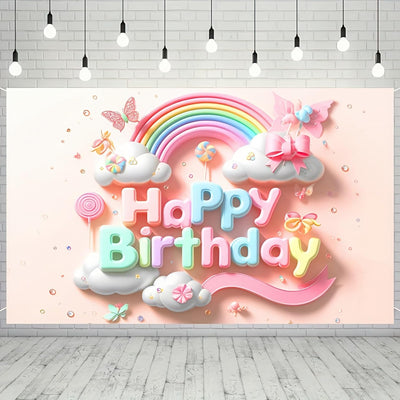 Rainbow Clouds and Butterfly Lollipop Birthday Banner - 71x43 Inch Polyester rainbow banner Photography Backdrop for Birthday Parties Celebrations Home and Garden Decor by Blissyard - Backdrop BlissRainbow Clouds and Butterfly Lollipop Birthday Banner - 71x43 Inch Polyester rainbow banner Photography Backdrop for Birthday Parties Celebrations Home and Garden Decor by Blissyard