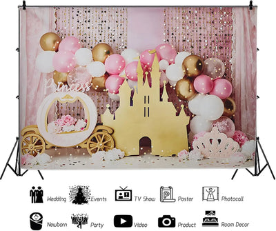 7x5ft Pink Balloons Princess Birthday Backdrop Sweet One Castle Photography Background Girls Happy Birthday Party Cake Table Banner Decorations Supplies Photo Booth Props Backdrop Bliss