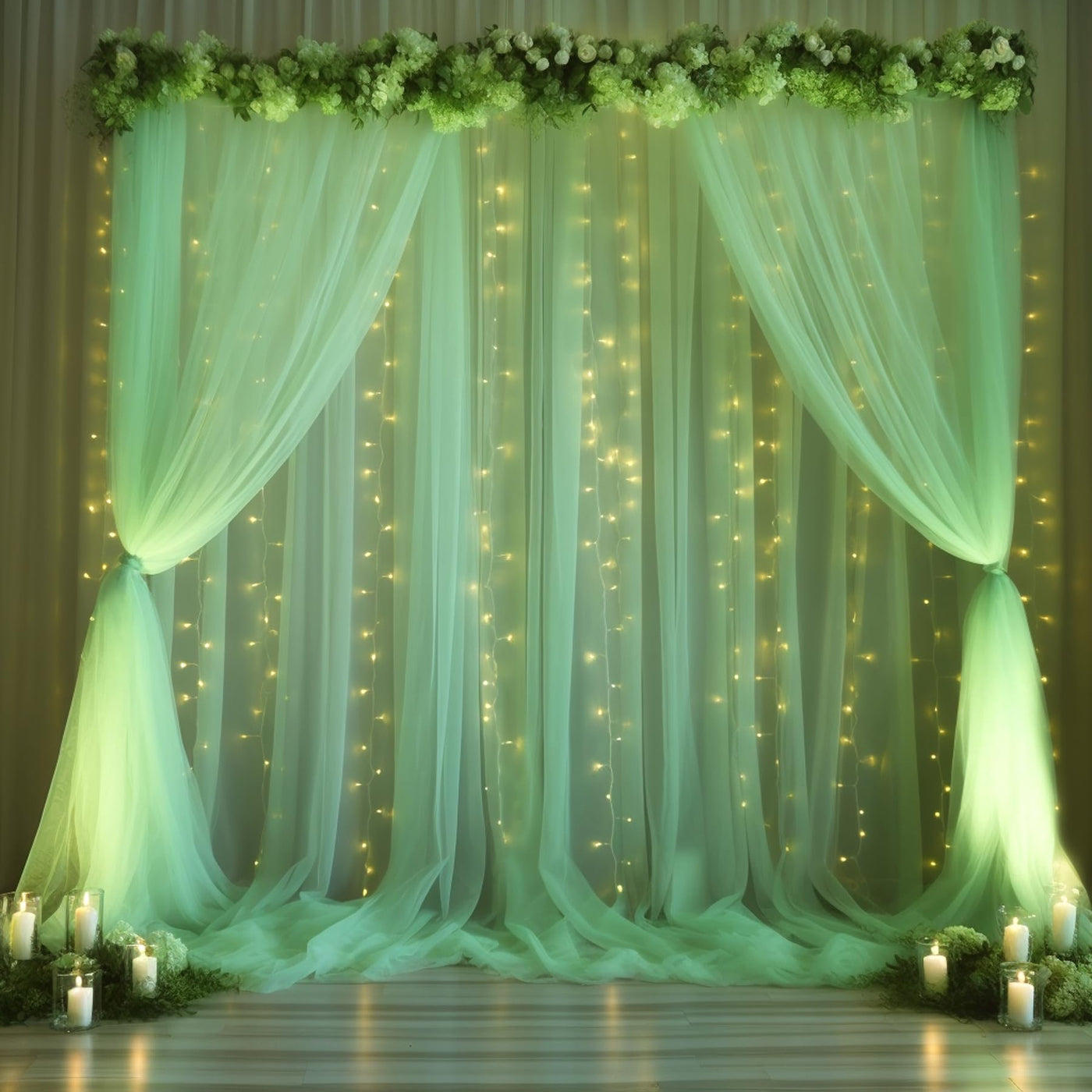 10x10ft Champagne Tulle Backdrop Curtain with Lights String for Parites, Sheer Backdrop Curtains for Wedding Baby Shower Birthday Party Photo Shoot Decorations - Backdrop Bliss10x10ft Champagne Tulle Backdrop Curtain with Lights String for Parites, Sheer Backdrop Curtains for Wedding Baby Shower Birthday Party Photo Shoot Decorations