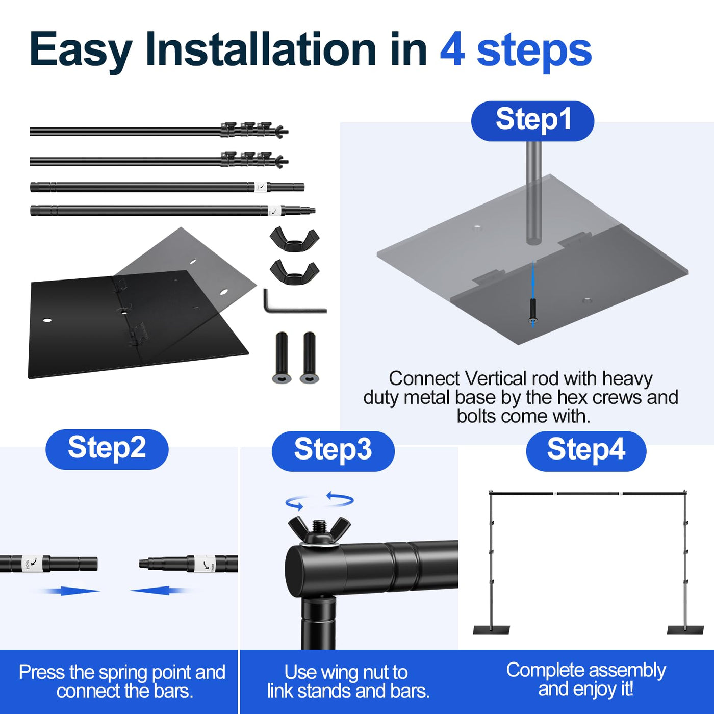 EMART Backdrop Stand, 6.5x10 ft Adjustable Photo Background Pipe and Drape Photography Kit with Heavy Duty Metal Flat Base for Parties, Wedding, Video Studio, Birthday - Black - Backdrop BlissEMART Backdrop Stand, 6.5x10 ft Adjustable Photo Background Pipe and Drape Photography Kit with Heavy Duty Metal Flat Base for Parties, Wedding, Video Studio, Birthday - Black