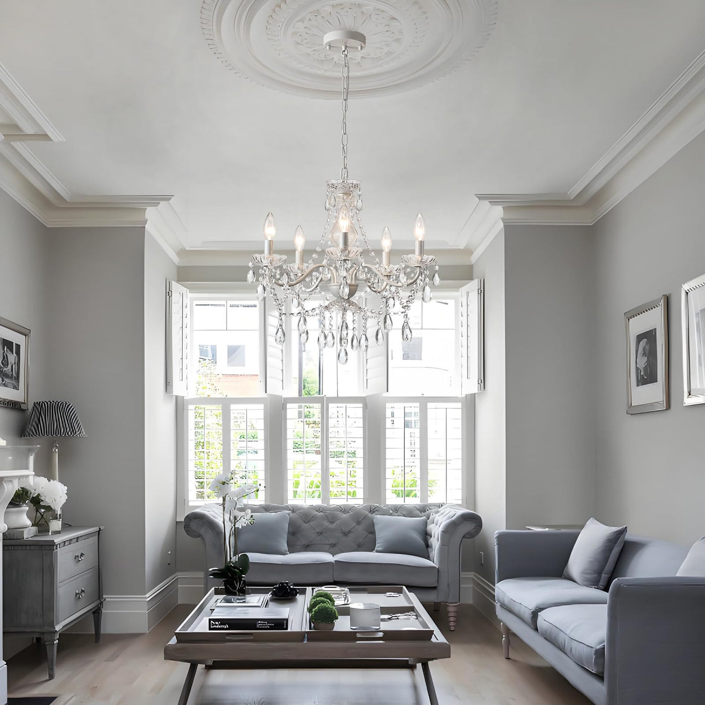 Plug in Crystal Ceramic White Chandelier, Glass Chandeliers,White crystal Hanging Pendant Light with Clear Cord and On/Off, 4 Light Crystal Chandelier for wedding, Kitchen, Dining,Foyer, Mini room Backdrop Bliss