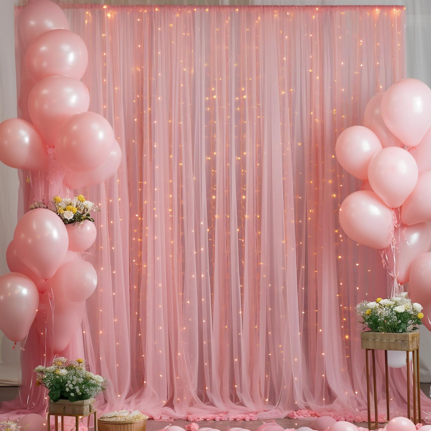 10x10ft Champagne Tulle Backdrop Curtain with Lights String for Parites, Sheer Backdrop Curtains for Wedding Baby Shower Birthday Party Photo Shoot Decorations - Backdrop Bliss10x10ft Champagne Tulle Backdrop Curtain with Lights String for Parites, Sheer Backdrop Curtains for Wedding Baby Shower Birthday Party Photo Shoot Decorations
