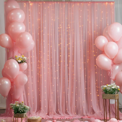 10x10ft Champagne Tulle Backdrop Curtain with Lights String for Parites, Sheer Backdrop Curtains for Wedding Baby Shower Birthday Party Photo Shoot Decorations - Backdrop Bliss10x10ft Champagne Tulle Backdrop Curtain with Lights String for Parites, Sheer Backdrop Curtains for Wedding Baby Shower Birthday Party Photo Shoot Decorations