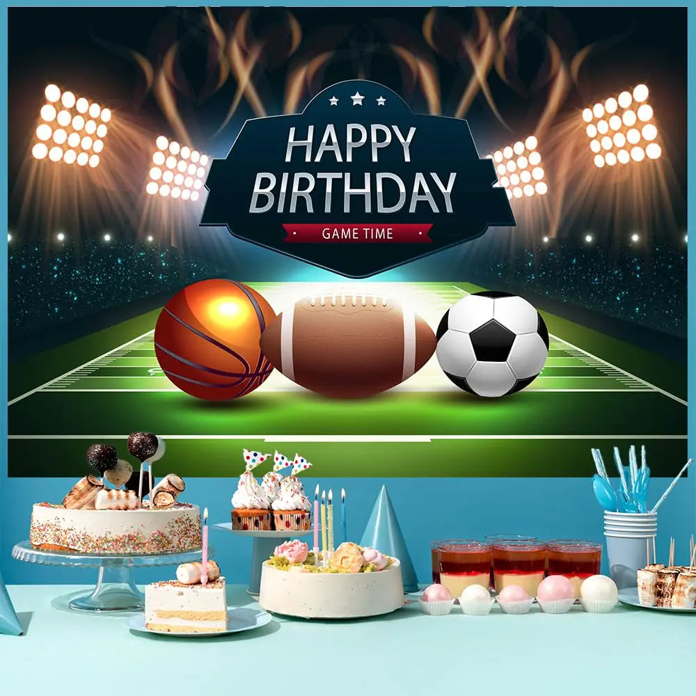 Football Happy Birthday Backdrop Banner Game Time Photography Background Fire Football Basketball Soccer Birthday Banner Decoration 7x5Ft Backdrop Bliss