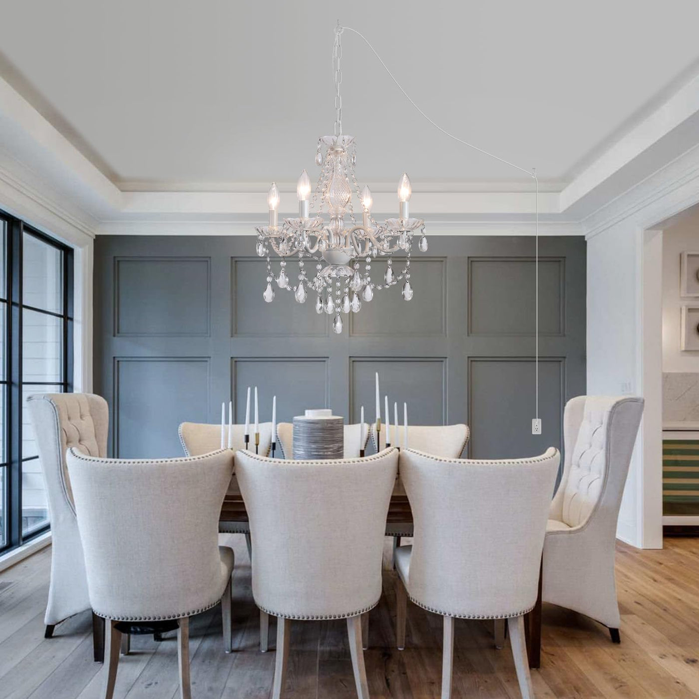 Plug in Crystal Ceramic White Chandelier, Glass Chandeliers,White crystal Hanging Pendant Light with Clear Cord and On/Off, 4 Light Crystal Chandelier for wedding, Kitchen, Dining,Foyer, Mini room Backdrop Bliss