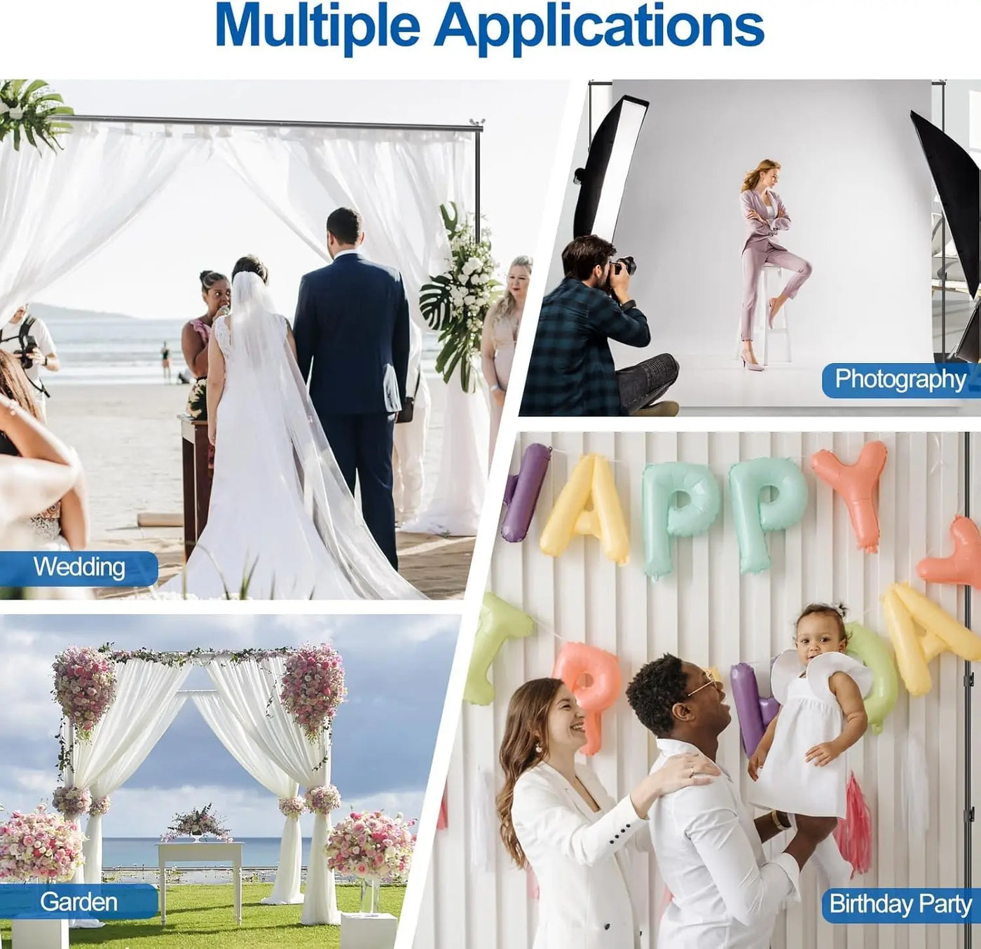 Backdrop Stand, 6.5ft Height 9ft Width Adjustable Photography Background Support Poles with Heavy Duty Flat Base, Photo Metal Steel Pipe and Drape Frame Kit for Parties Birthday Wedding - Backdrop BlissBackdrop Stand, 6.5ft Height 9ft Width Adjustable Photography Background Support Poles with Heavy Duty Flat Base, Photo Metal Steel Pipe and Drape Frame Kit for Parties Birthday Wedding