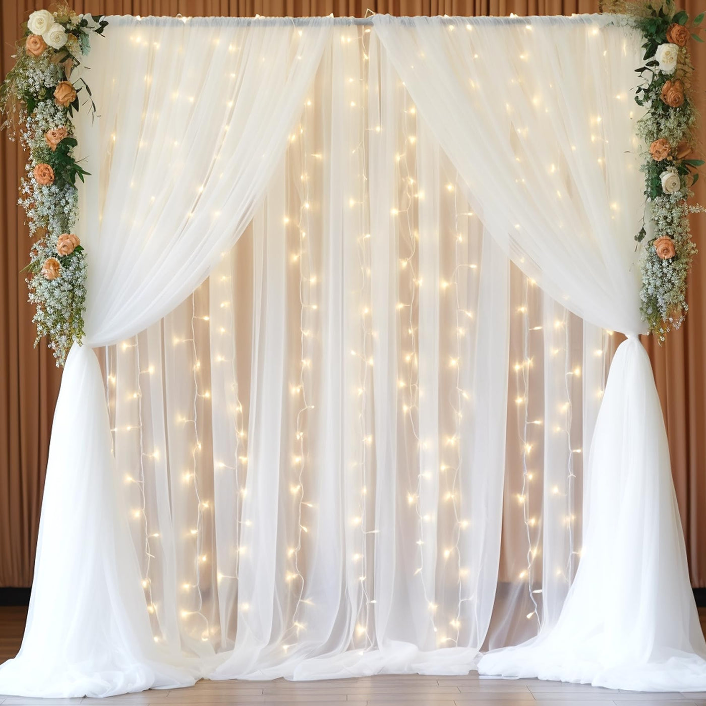 10x10ft Champagne Tulle Backdrop Curtain with Lights String for Parites, Sheer Backdrop Curtains for Wedding Baby Shower Birthday Party Photo Shoot Decorations - Backdrop Bliss10x10ft Champagne Tulle Backdrop Curtain with Lights String for Parites, Sheer Backdrop Curtains for Wedding Baby Shower Birthday Party Photo Shoot Decorations