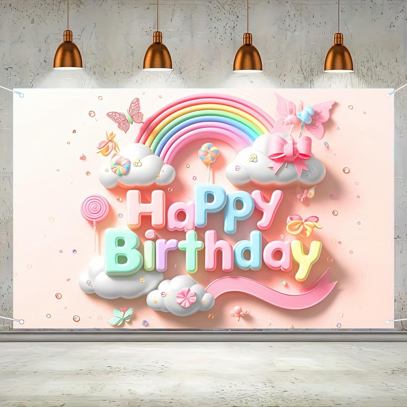Rainbow Clouds and Butterfly Lollipop Birthday Banner - 71x43 Inch Polyester rainbow banner Photography Backdrop for Birthday Parties Celebrations Home and Garden Decor by Blissyard - Backdrop BlissRainbow Clouds and Butterfly Lollipop Birthday Banner - 71x43 Inch Polyester rainbow banner Photography Backdrop for Birthday Parties Celebrations Home and Garden Decor by Blissyard