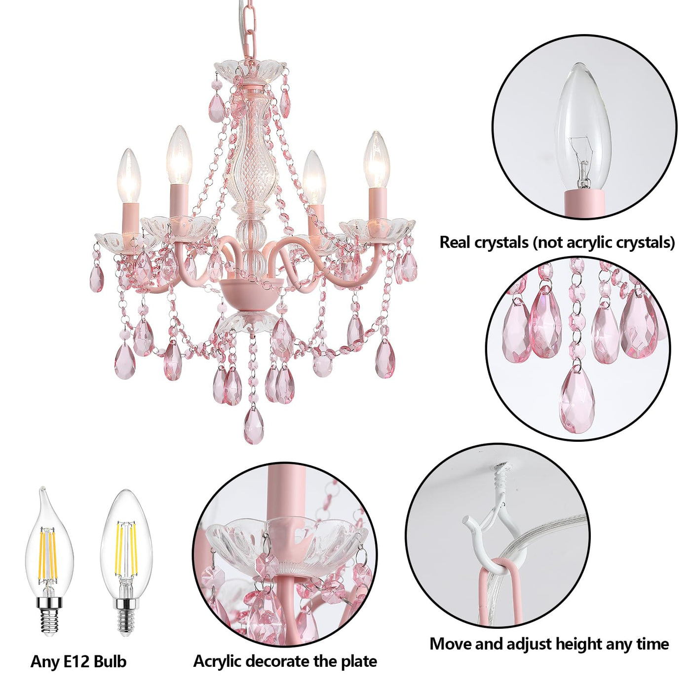Plug in Crystal Ceramic White Chandelier, Glass Chandeliers,White crystal Hanging Pendant Light with Clear Cord and On/Off, 4 Light Crystal Chandelier for wedding, Kitchen, Dining,Foyer, Mini room Backdrop Bliss
