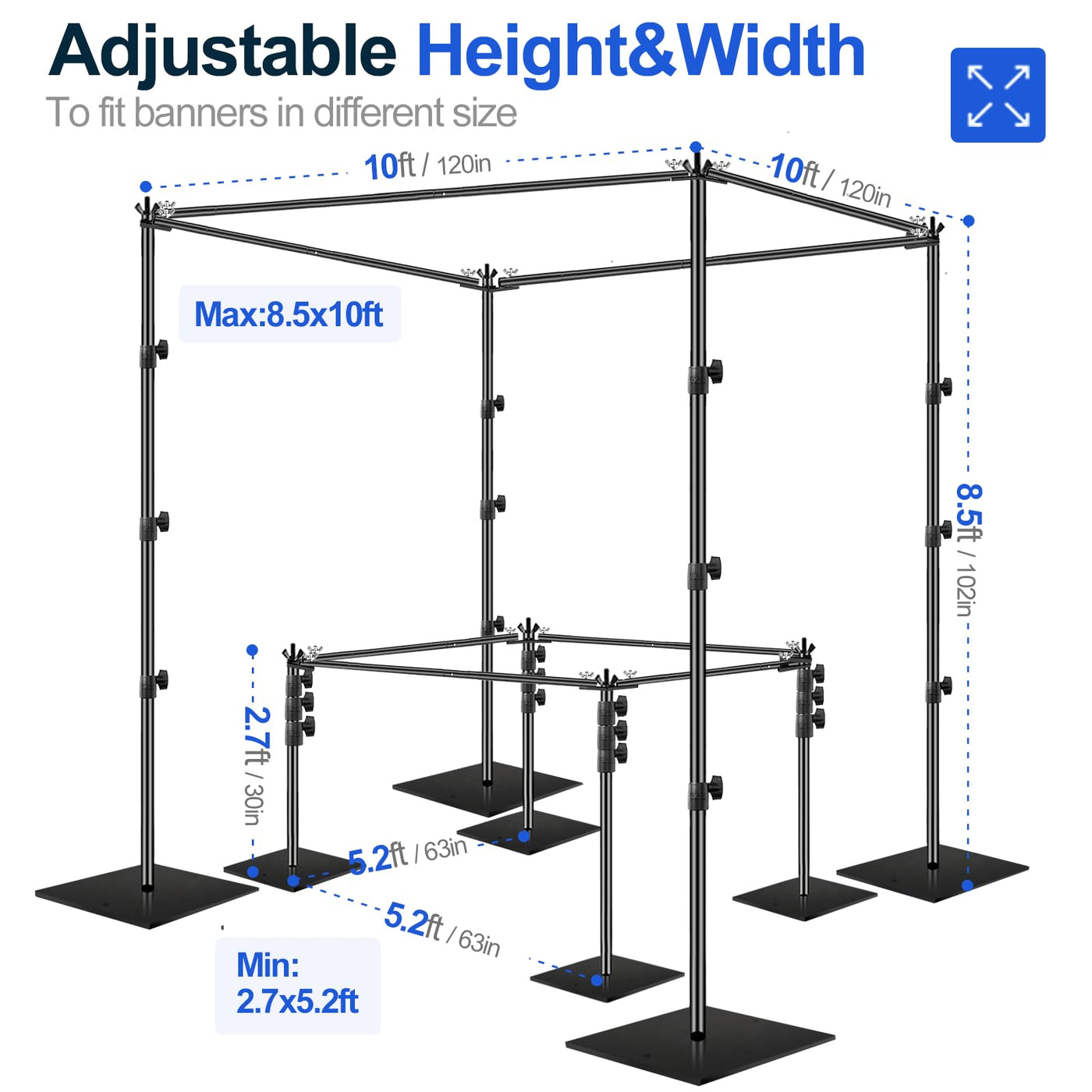EMART 8.5x10ft Square Backdrop Stand for Wedding, Adjustable Pipe and Drape Background Frame Kit with Heavy Duty Metal Steel Base, Photo Back Drop Holder for Birthday Parties Photography - Black - Backdrop BlissEMART 8.5x10ft Square Backdrop Stand for Wedding, Adjustable Pipe and Drape Background Frame Kit with Heavy Duty Metal Steel Base, Photo Back Drop Holder for Birthday Parties Photography - Black