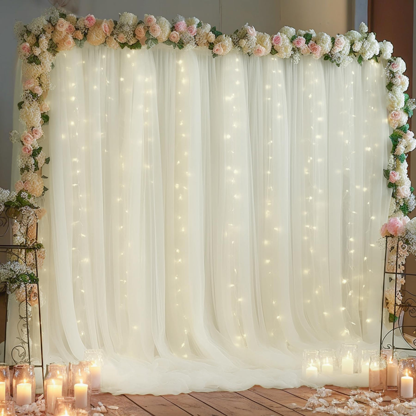 10x10ft Champagne Tulle Backdrop Curtain with Lights String for Parites, Sheer Backdrop Curtains for Wedding Baby Shower Birthday Party Photo Shoot Decorations - Backdrop Bliss10x10ft Champagne Tulle Backdrop Curtain with Lights String for Parites, Sheer Backdrop Curtains for Wedding Baby Shower Birthday Party Photo Shoot Decorations
