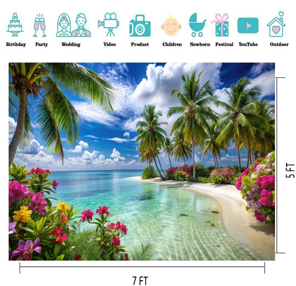 CYLYH 8X6FT Summer Tropical Sea Beach Backdrop Photography Hawaiian Tropical Beach Scenery Palm Trees Background for Wedding Birthday Party Banner Baby Shower D905 Backdrop Bliss