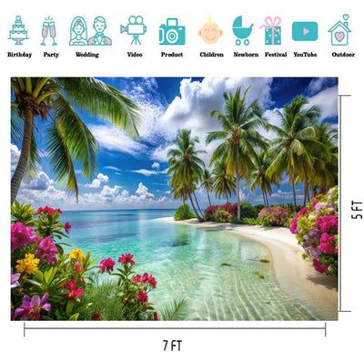CYLYH 8X6FT Summer Tropical Sea Beach Backdrop Photography Hawaiian Tropical Beach Scenery Palm Trees Background for Wedding Birthday Party Banner Baby Shower D905 Backdrop Bliss