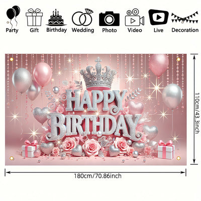 BlissYard Pink Princess Happy Birthday Backdrop 71x43 inch Glittering Silver Elegant Crown and Rose Banner Beautiful Girl's Birthday Photography Background Photo Studio Props Decoration Backdrop - Backdrop BlissBlissYard Pink Princess Happy Birthday Backdrop 71x43 inch Glittering Silver Elegant Crown and Rose Banner Beautiful Girl's Birthday Photography Background Photo Studio Props Decoration Backdrop