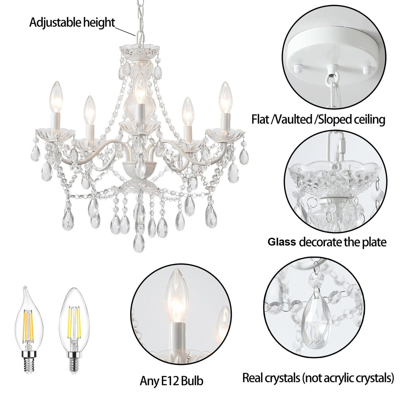 Plug in Crystal Ceramic White Chandelier, Glass Chandeliers,White crystal Hanging Pendant Light with Clear Cord and On/Off, 4 Light Crystal Chandelier for wedding, Kitchen, Dining,Foyer, Mini room Backdrop Bliss