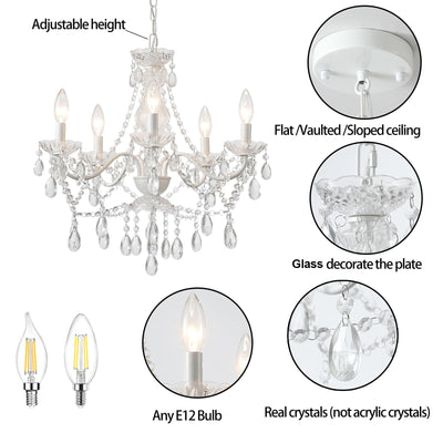 Plug in Crystal Ceramic White Chandelier, Glass Chandeliers,White crystal Hanging Pendant Light with Clear Cord and On/Off, 4 Light Crystal Chandelier for wedding, Kitchen, Dining,Foyer, Mini room Backdrop Bliss